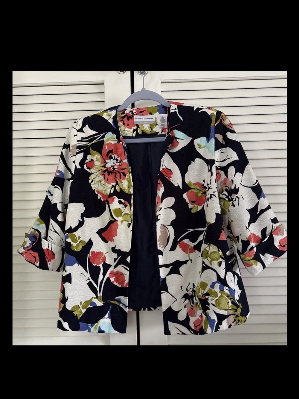 Alfred Dunner Navy Floral Open-Front Cropped Jacket with Coral and White Blooms